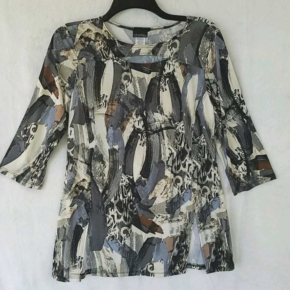 Caribe 3/4 Sleeve Peekaboo Tunic- Ivory/Gray